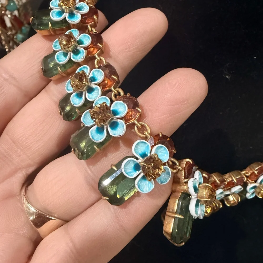 J.Crew Women’s Floral Drop Necklace - Blue & Olive Crystal Accents - Picture 5 of 6